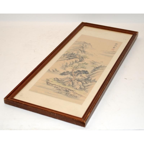 142 - Framed Chinese ink and watercolour scroll featuring an Oriental landscape. O/all frame size 52cms x ... 