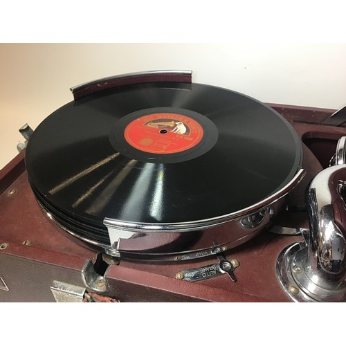 451 - HMV 102 GRAMOPHONE. This is a portable 78rpm vintage gramophone in red/wine coloured case fitted wit... 