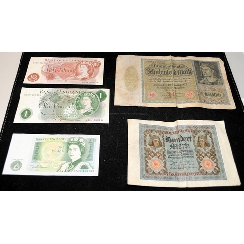 302 - A collection of banknotes to include 10/-, £1 notes and two German notes