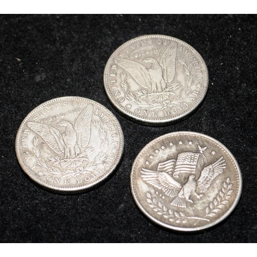 305 - 2 x Morgan Dollars, 1881 and 1885, both with New Orleans mint mark. Also included is a similar size ... 