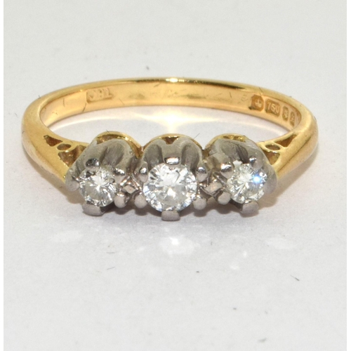 341 - 18ct Gold Diamond approx 0.3ct 3 Stone Ring. Size M