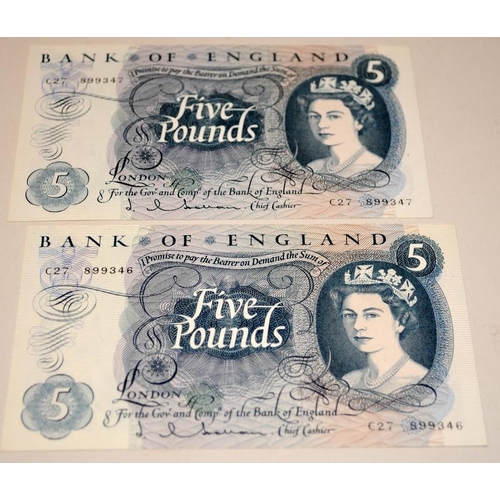 353 - 2 x series C £5 Five Pound notes, consecutive numbers, C27 prefix, presented in uncirculated conditi... 