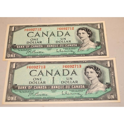 354 - 6 x GB £1 One Pound notes, consecutive numbers prefix BU51 c/w 2 x uncirculated 1954 Canadian One Do... 