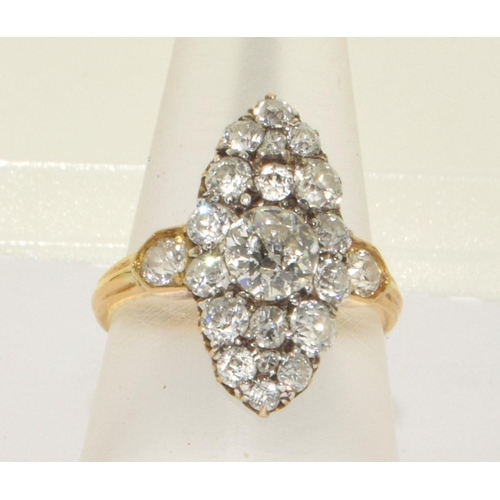 66 - 18ct gold Ladies Marquis set Diamond ring of 2cts mixed brilliant and old cut Diamonds size M