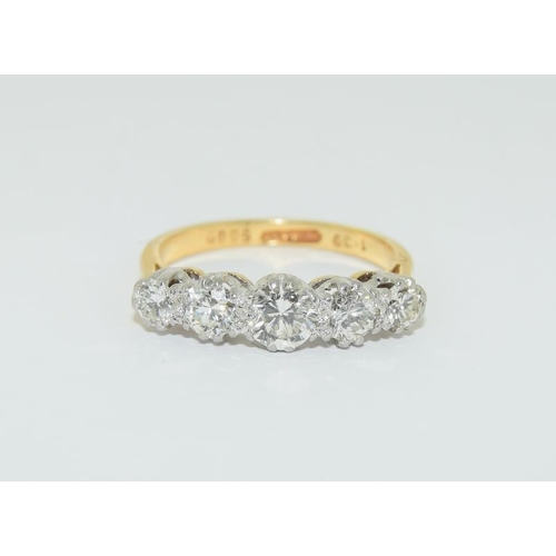 100 - 18ct gold and platinum 5 stone diamond ring hallmarked in ring as 1.39ct diamond value size N