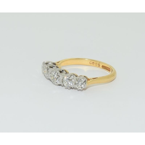 100 - 18ct gold and platinum 5 stone diamond ring hallmarked in ring as 1.39ct diamond value size N