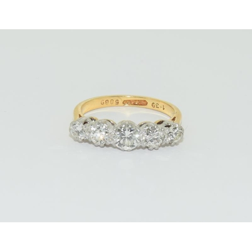 100 - 18ct gold and platinum 5 stone diamond ring hallmarked in ring as 1.39ct diamond value size N