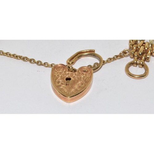 102 - 9ct gold fancy link 2 colour gold bracelet with heart padlock and safety chain 22g