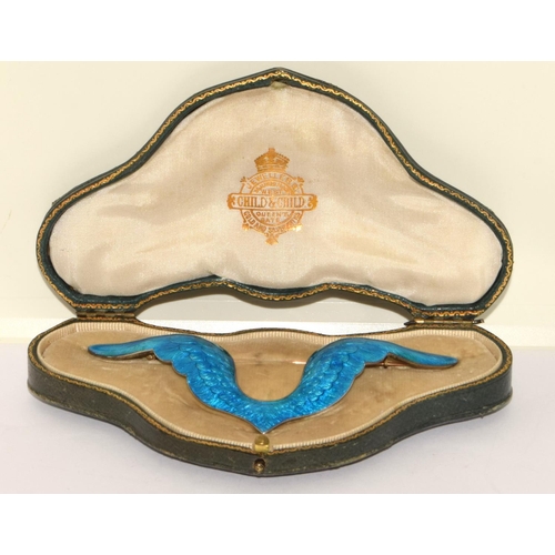 121 - Child and Child Art Nouveau silver and enamel winged brooch in fitted Child and Child case Counter e... 