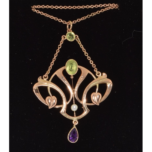 77 - Barnet Henry Joseph 9ct gold Art Nouveau Suffragette pendant set with Peridots, Pearls, and an Ameth... 