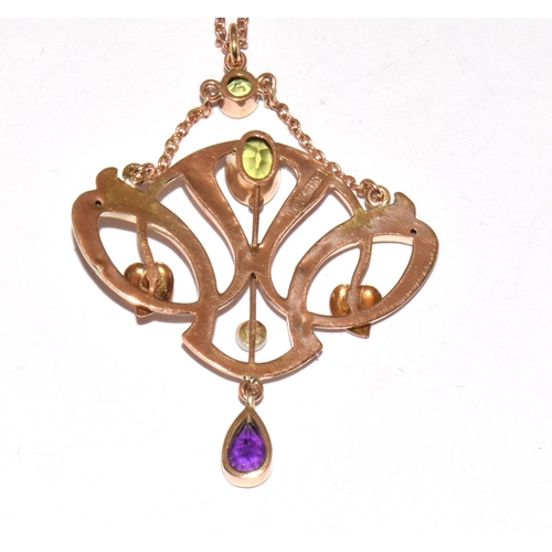 77 - Barnet Henry Joseph 9ct gold Art Nouveau Suffragette pendant set with Peridots, Pearls, and an Ameth... 