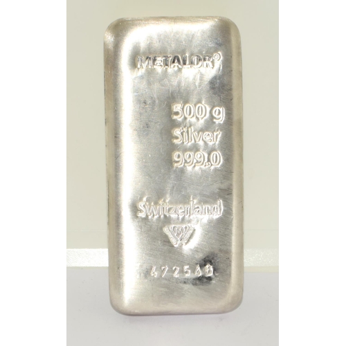 39 - Silver 500g metalor bar 999.0