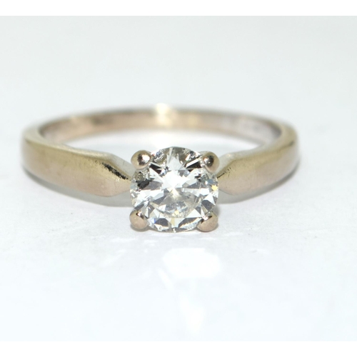 91 - Diamond solitaire approx 0.80 points set in 18ct gold ring, Size N, boxed