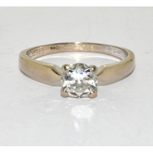 91 - Diamond solitaire approx 0.80 points set in 18ct gold ring, Size N, boxed