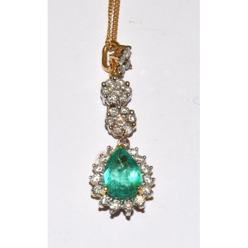 122 - Emerald approx 2.0ct untreated with diamond surround and 3 tiers of diamonds above set in 18ct gold ... 