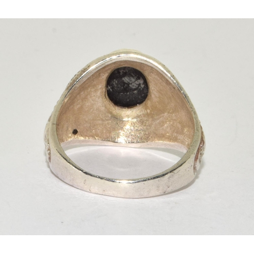 296 - Mens black onyx silver marcasite college ring Size R 1/2.