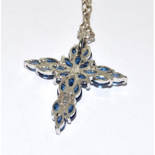 410 - Blue gemstone 925 silver crucifix and chain.