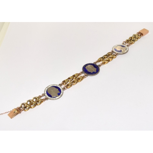 106 - Antique Edwardian gold bracelet set with 3 enamel antique silver sixpences 71/2 inches in length and... 