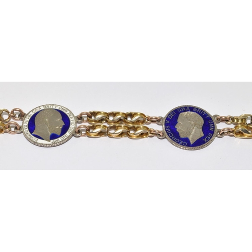 106 - Antique Edwardian gold bracelet set with 3 enamel antique silver sixpences 71/2 inches in length and... 