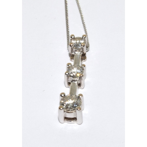 112 - Diamond 0.50ct three stone 18ct gold trilogy pendant on white gold chain