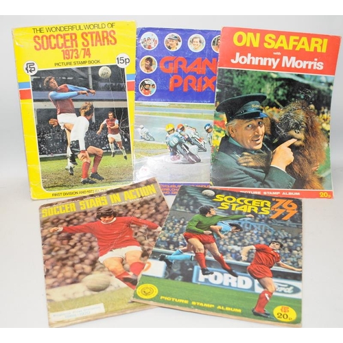 296 - A collection of 1970's sticker albums, 3 x soccer albums, 1 x Grand Prix and On Safari with Johnny M... 