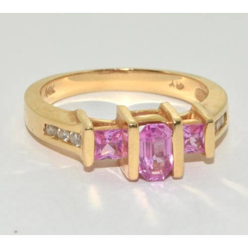 303 - 14ct gold ladies Pink Topaz and Diamond shoulder ring size O