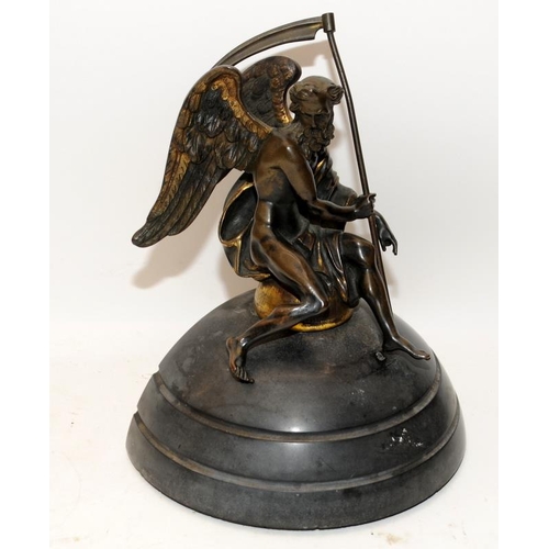 231 - 19thC large bronze clock finial depicting Old Father Time sitting on carved and polished stone. O/al... 