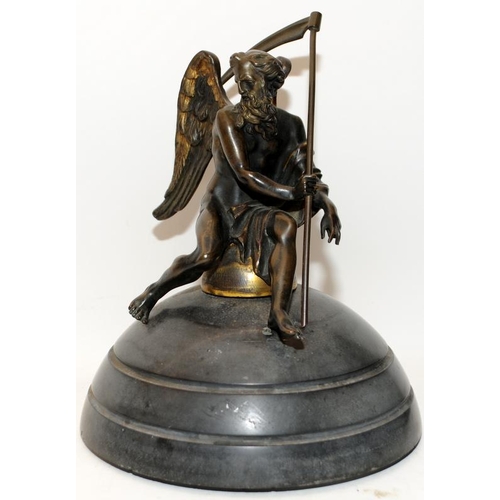 231 - 19thC large bronze clock finial depicting Old Father Time sitting on carved and polished stone. O/al... 