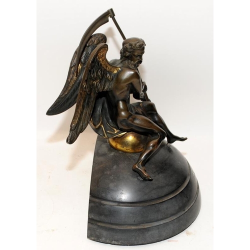 231 - 19thC large bronze clock finial depicting Old Father Time sitting on carved and polished stone. O/al... 