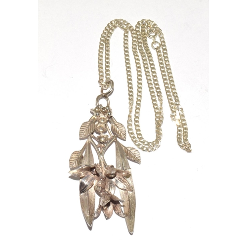 247 - Large 925 silver Fuchia Floral pendant and chain.