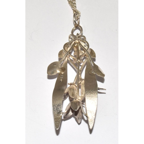 247 - Large 925 silver Fuchia Floral pendant and chain.