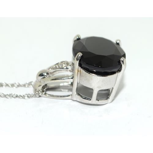 324 - Black quarts Diamond white gold on 925 silver pendant necklace