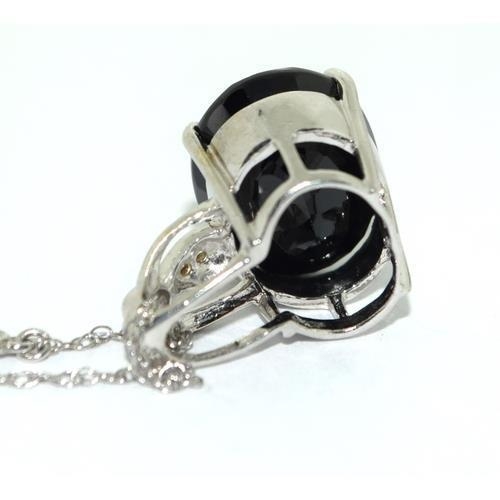 324 - Black quarts Diamond white gold on 925 silver pendant necklace