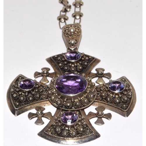 446 - Substantial Silver and Amethyst Maltese Cross pendant Necklace