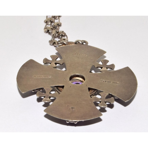 446 - Substantial Silver and Amethyst Maltese Cross pendant Necklace