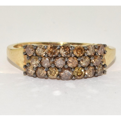 393 - 70ct genuine champagne diamonds 9ct gold ring Size R 1/2.