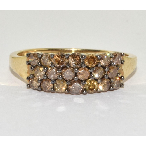 393 - 70ct genuine champagne diamonds 9ct gold ring Size R 1/2.