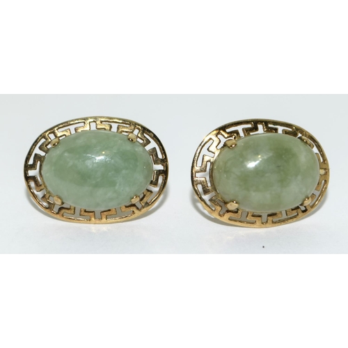 444 - Large 9ct gold and jade earrings 18mm by 13mm.