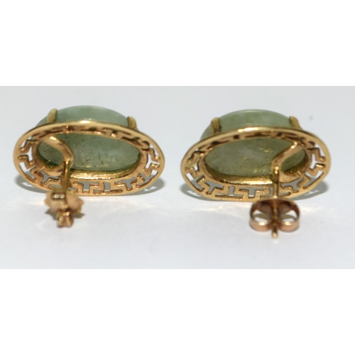 444 - Large 9ct gold and jade earrings 18mm by 13mm.