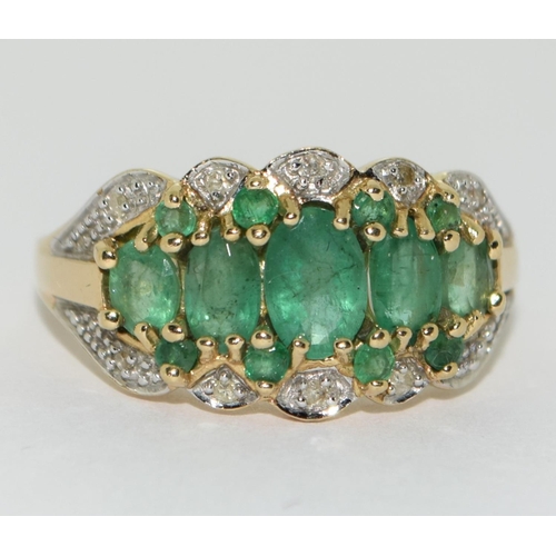 363 - Emerald and Diamond heavy 9ct gold ring Size L 1/2.