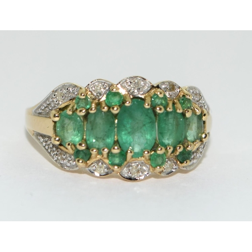 363 - Emerald and Diamond heavy 9ct gold ring Size L 1/2.