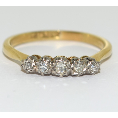 391 - Vintage heavy 18ct yellow gold and five stone diamond ring Size Q.