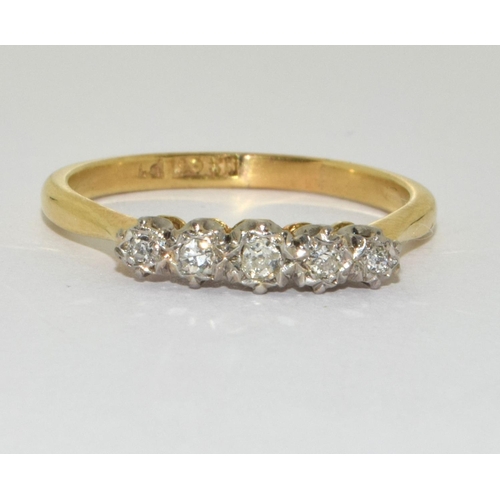 391 - Vintage heavy 18ct yellow gold and five stone diamond ring Size Q.