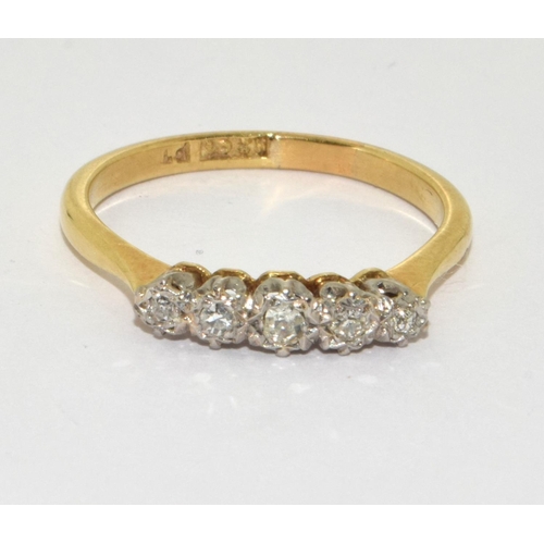 391 - Vintage heavy 18ct yellow gold and five stone diamond ring Size Q.