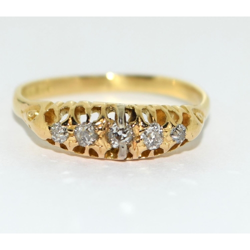 505 - Antique 18ct yellow gold five stone diamond ring Size N 1/2.