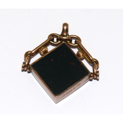 267 - Antique heavy 9ct gold and blood stone fob compass for a watch chain.