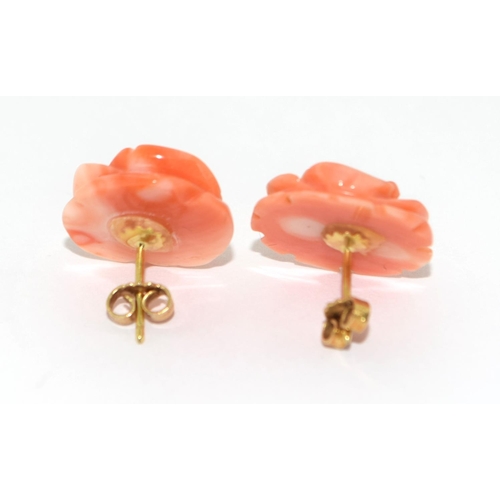 472 - Large 15mm hand carved natural angel skin coral and 18ct gold earrings.