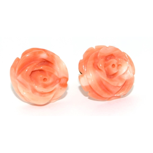 472 - Large 15mm hand carved natural angel skin coral and 18ct gold earrings.