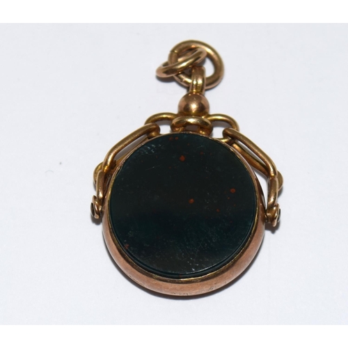 449 - Antique bloodstone and 9ct gold swivel fob seal for watch chain.