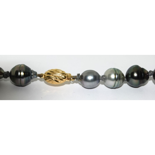 482 - A Real Tahitian grey south sea pearl necklace with 18ct gold clasp, 19